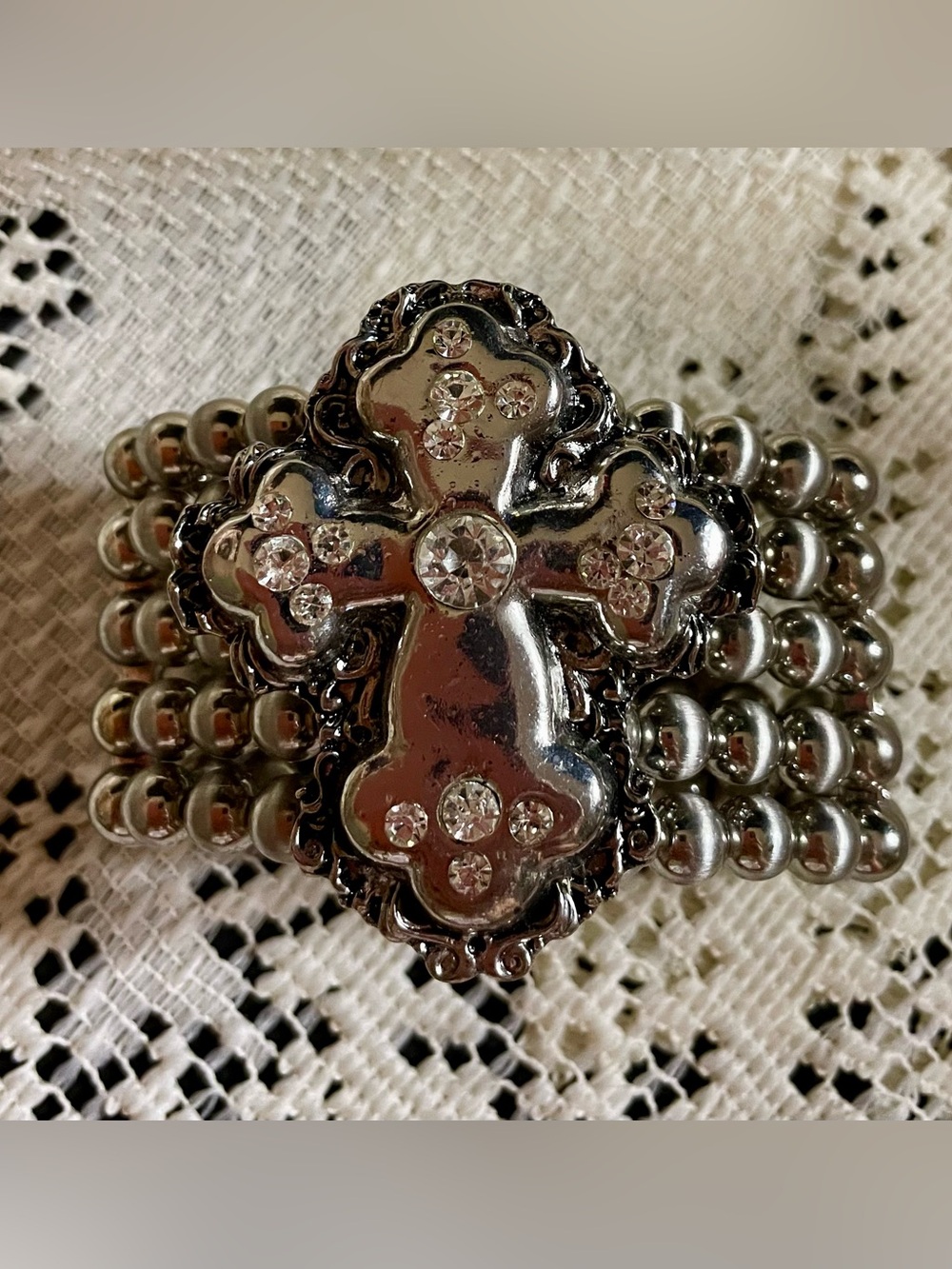 Silver Rhinestone Cross Stretch Bracelet Goth or Western Look